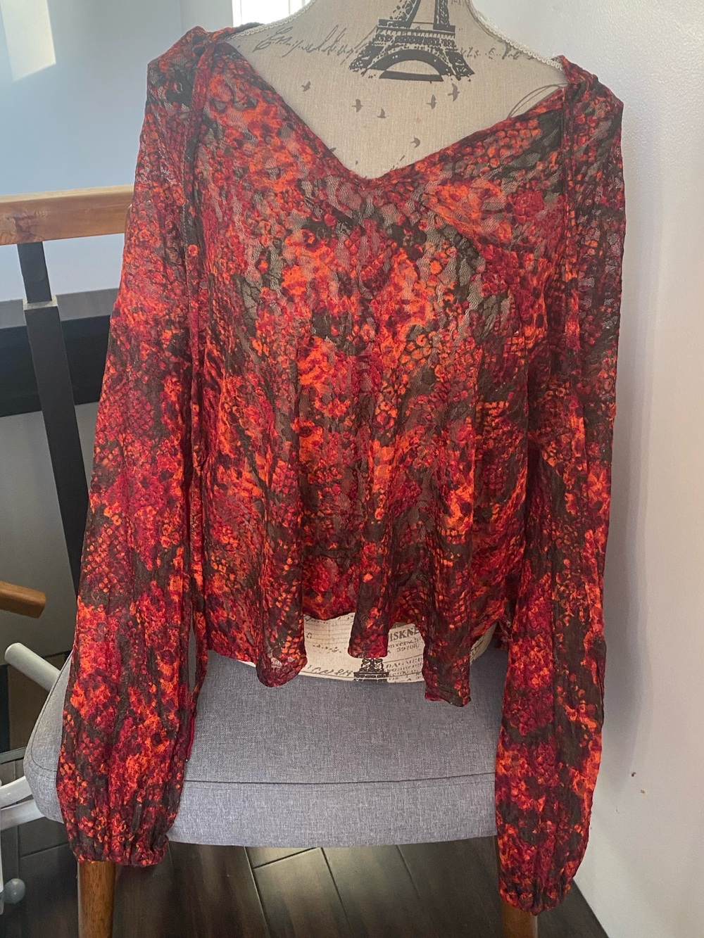 Free People Red and Black Floral Sheer Long-Sleeve Blouse